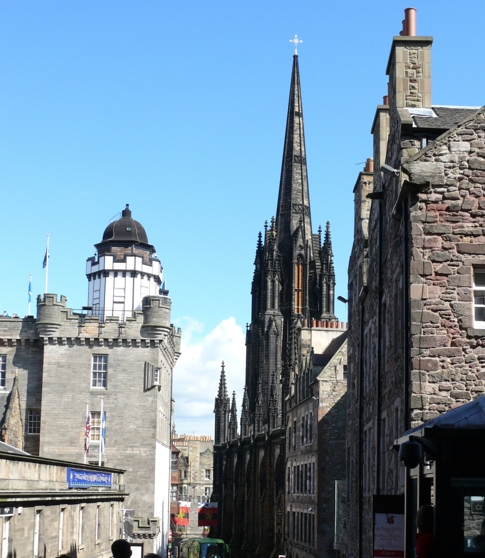 Looking down Castle Hill through the stone buildings of Edinburgh's Old Town